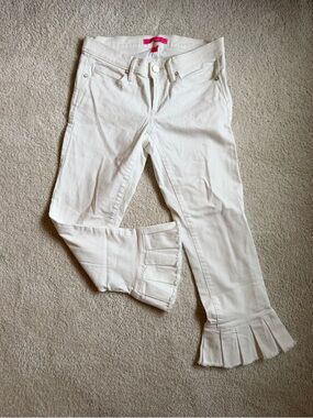 Lilly Pulitzer South Ocean Crop White Jeans with Pleats & Ruffle Detail